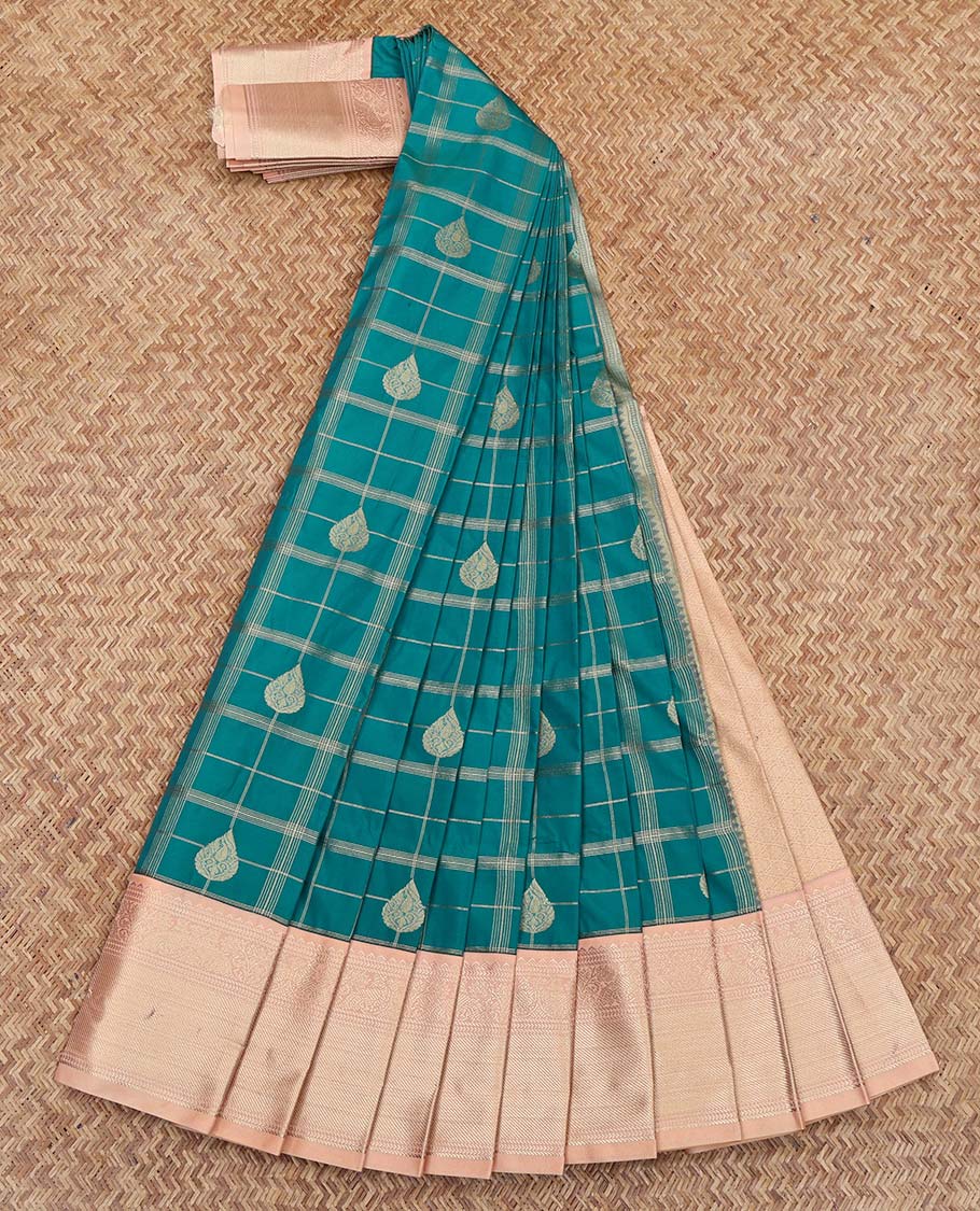 Blue Budget Silk Saree, Woven with Butta Enclosed Checks, Complemented by a Contrast Traditional Zari Design Border, Grand Jaal Pallu, and Paired with a Contrast Blouse - Image 2