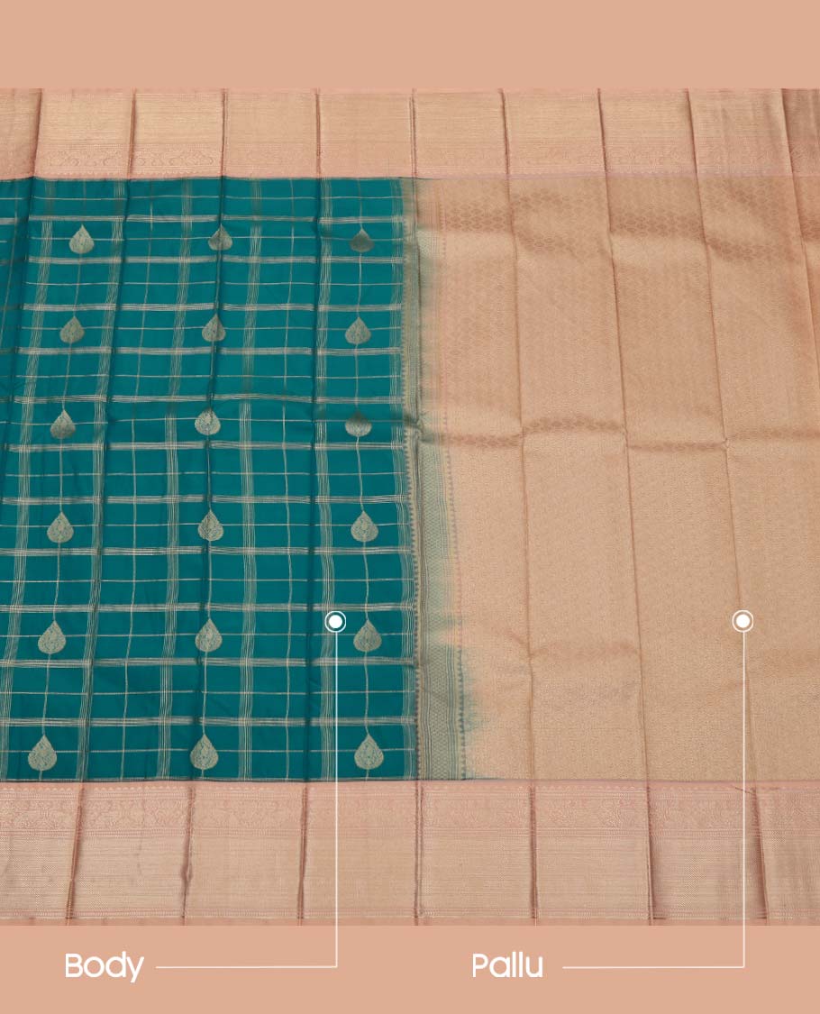 Blue Budget Silk Saree, Woven with Butta Enclosed Checks, Complemented by a Contrast Traditional Zari Design Border, Grand Jaal Pallu, and Paired with a Contrast Blouse - Image 3