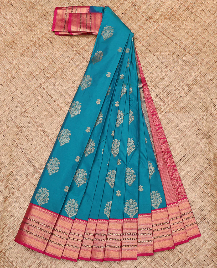 Blue Budget Silk Saree, Woven with Zari Buttas All Over Its Body, Complemented by a Contrast Traditional Zari Border, Grand Pallu, and Paired with a Contrast Blouse - Image 2