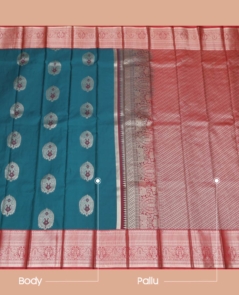 Blue Budget Silk Saree, Woven with Zari Buttas  All Over Its Body, Complemented by a Contrast Traditional Zari Border, Intricately Designed Pallu, and Paired with a Contrast Blouse - Image 3