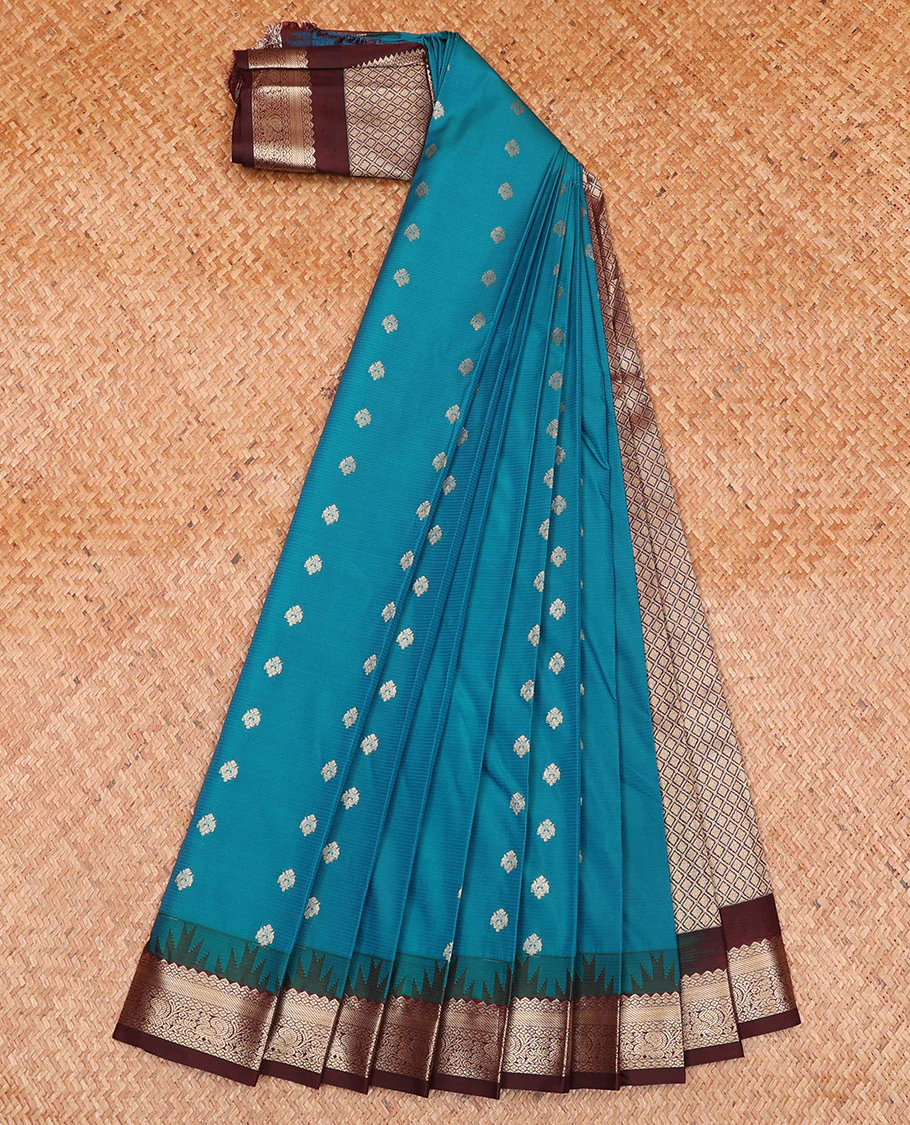Blue Budget Silk Saree, Woven with Zari Buttas and Stripes on Its Body, Complemented by a Contrast Temple Traditional Zari Design Border, Grand Jaal Pallu, and Paired with a Contrast Blouse - Image 2