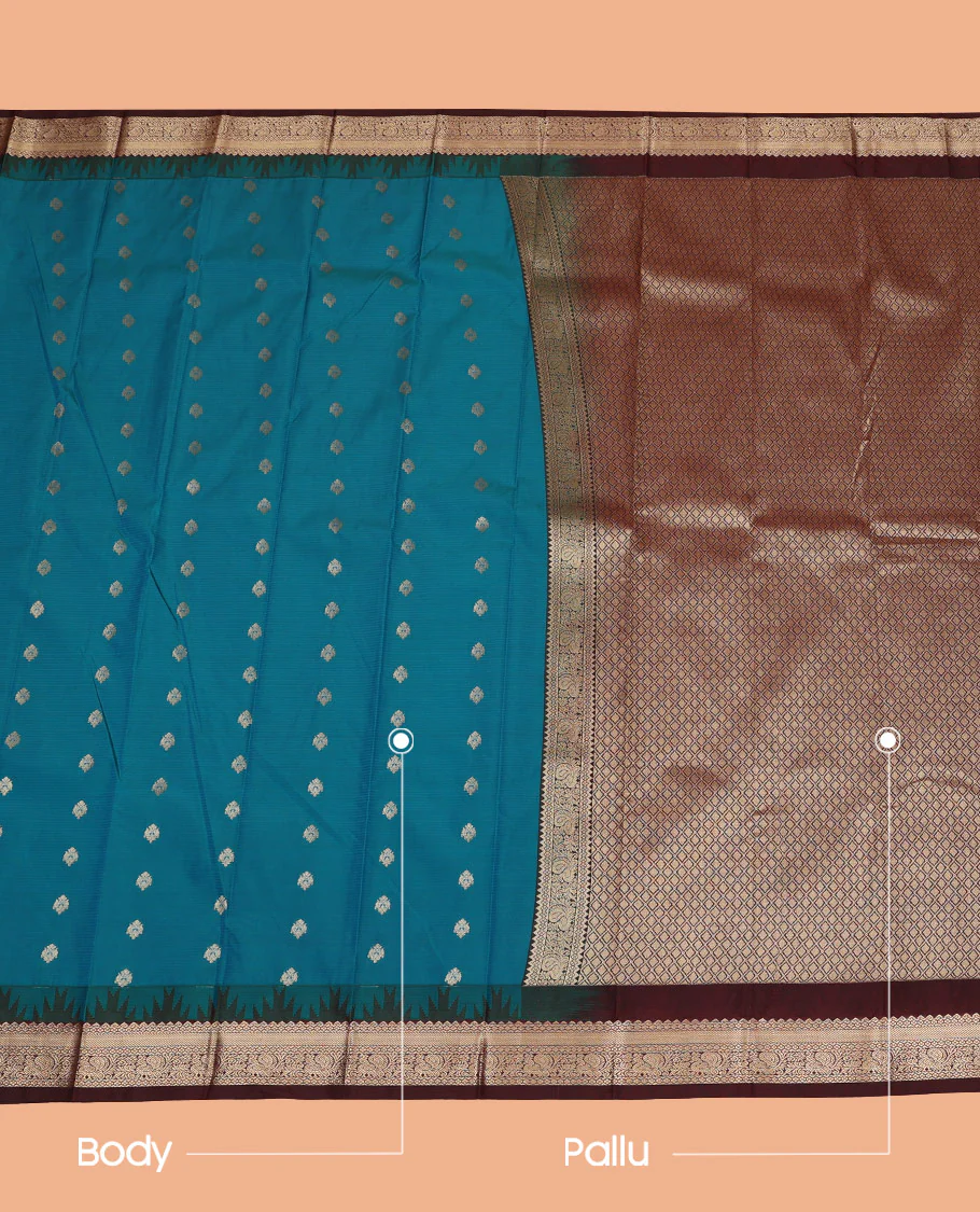 Blue Budget Silk Saree, Woven with Zari Buttas and Stripes on Its Body, Complemented by a Contrast Temple Traditional Zari Design Border, Grand Jaal Pallu, and Paired with a Contrast Blouse - Image 3
