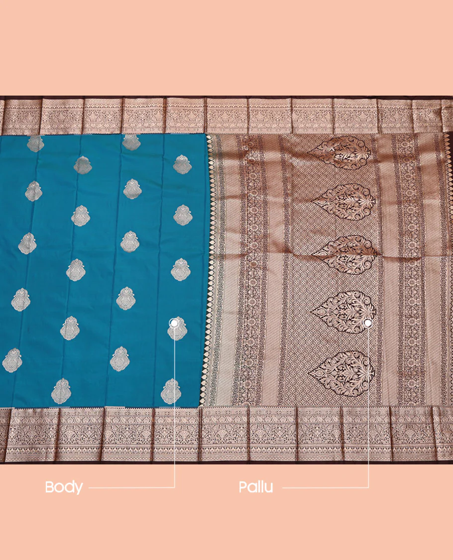 Blue Budget Silk Saree, Woven with Zari Buttas, Complemented by a Contrast Traditional Zari Border, Intricately Designed Pallu, and a Contrast Blouse - Image 3