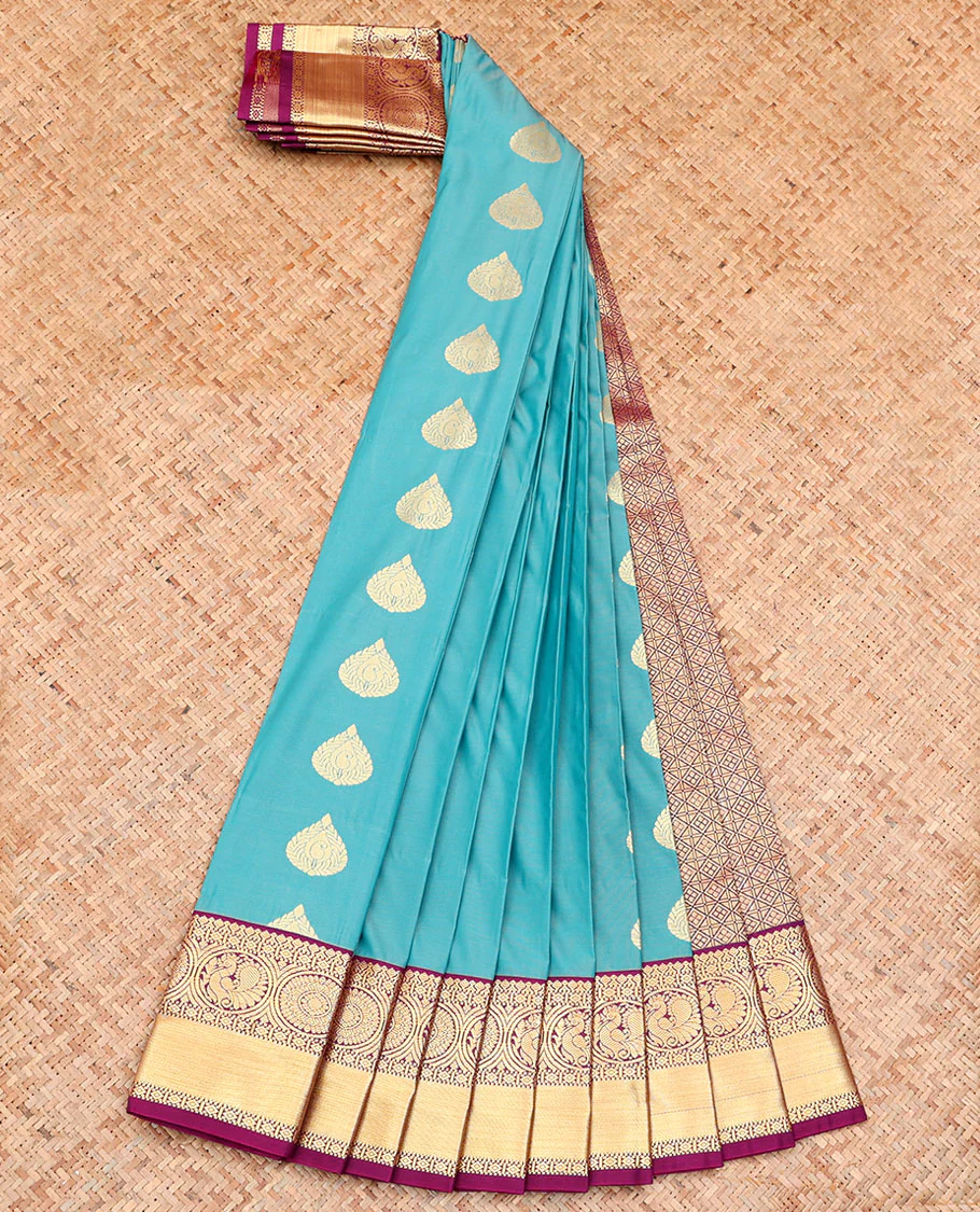 Blue Budget Silk Saree, Woven with Zari Buttas on Its Body, Complemented by a Contrast Traditional Zari Design Border, Grand Jaal Pallu, and Paired with a Contrast Blouse - Image 2