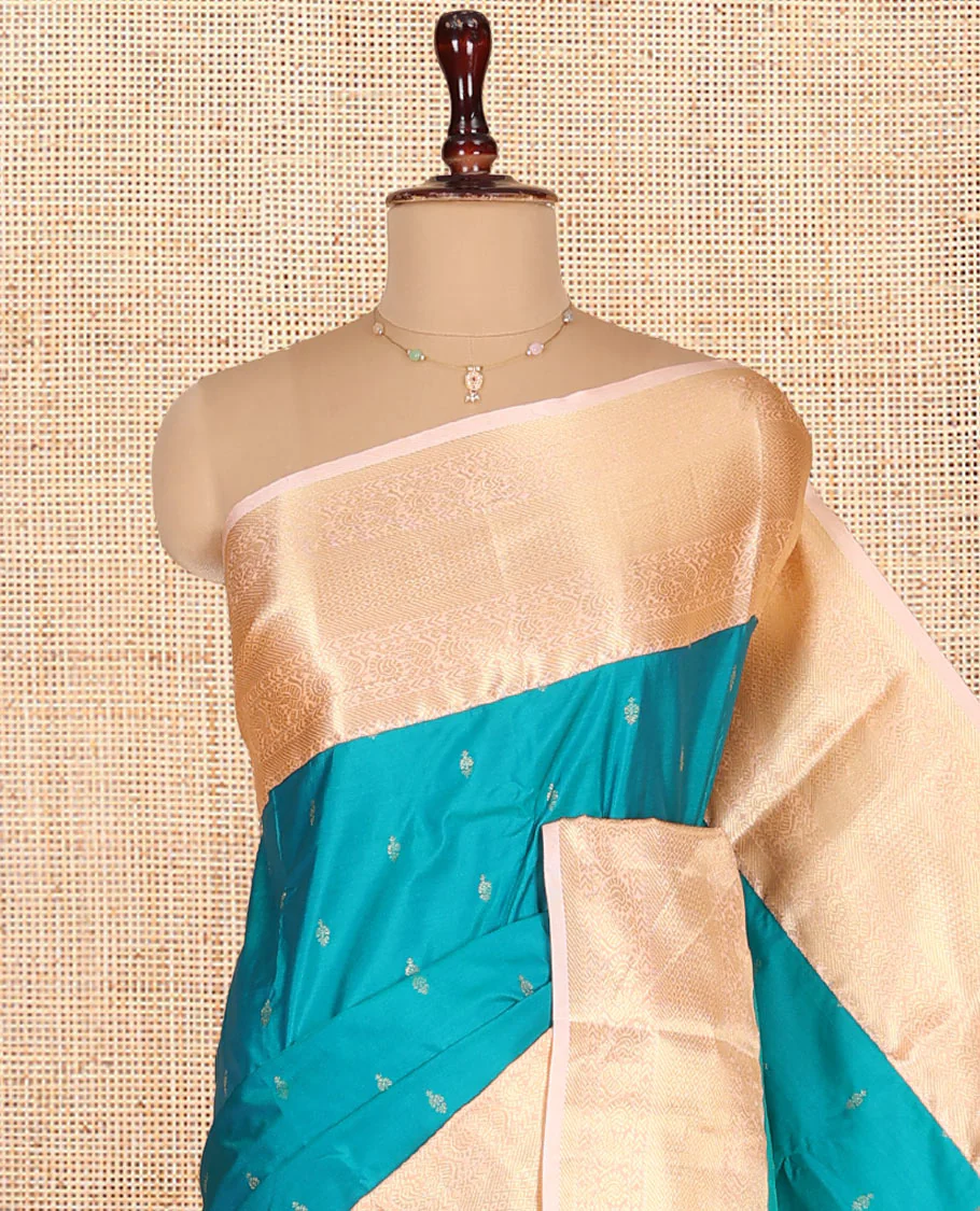Blue Budget Silk Saree, Woven with Zari Buttas on Its Body, Complemented by a Contrast Traditional Zari Design Border, Intricate Pallu, and Paired with a Contrast Blouse - Image 2
