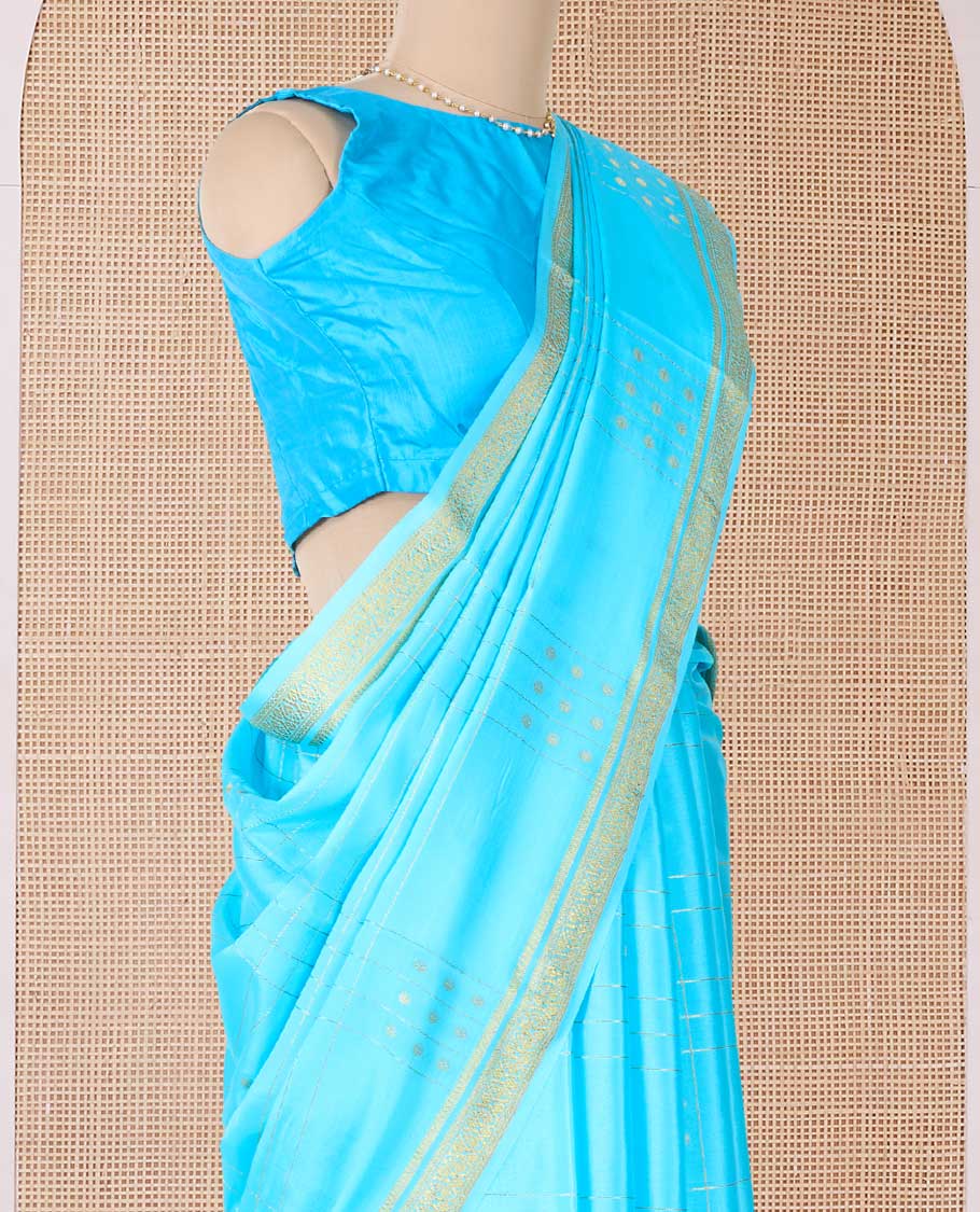 Blue buttas and checked Mysore silk saree, traditional zari border, and zari striped pallu - Image 3