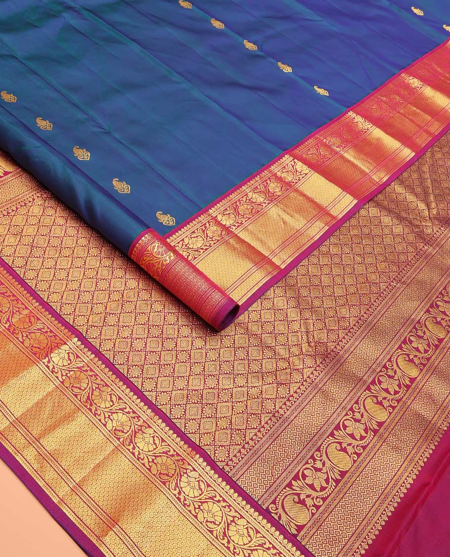 Blue buttas Bangalore silk saree, contrast traditional zari border, and pallu of jaal designs - Image 2