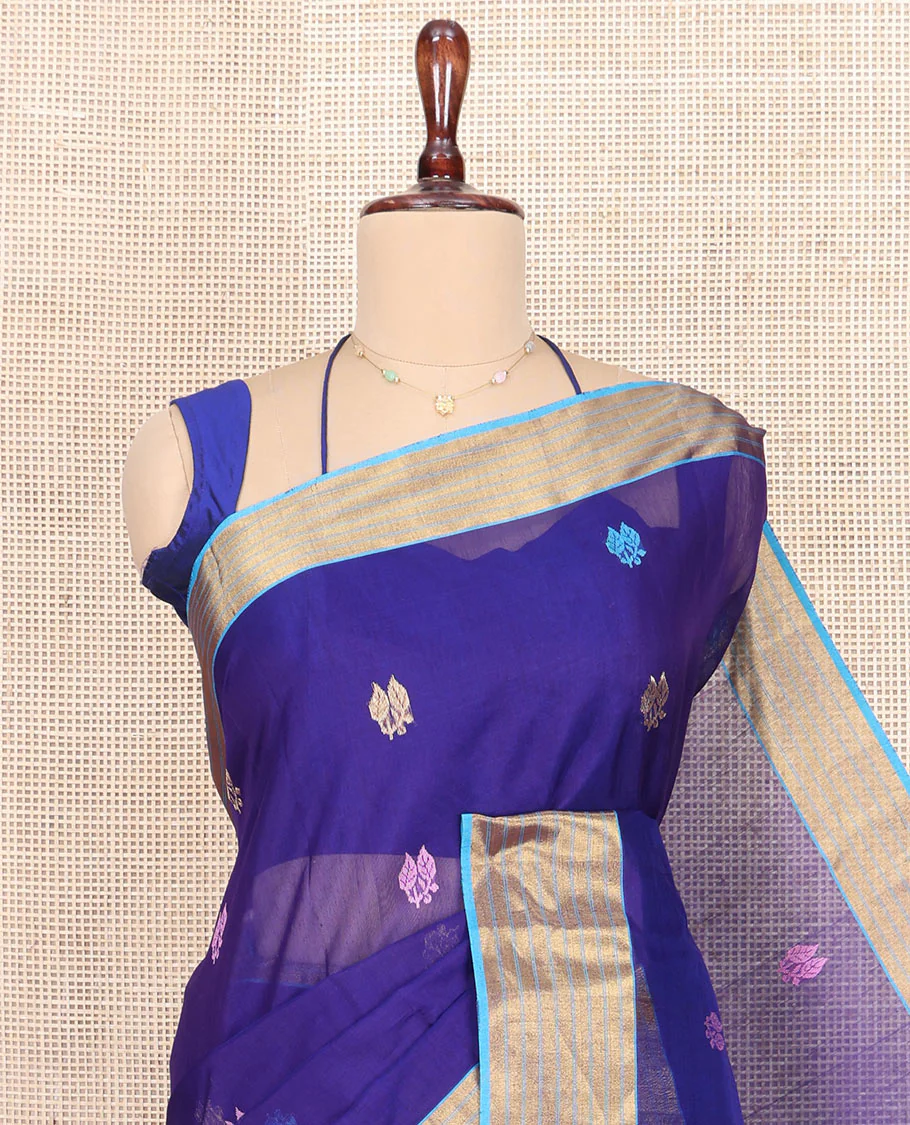 Blue Chanderi Cotton Saree, Enlivened with Leaf Buttas All Over Its Body, Complemented by a Contrast Zari Border, Pallu Steeped with Buttas and Stripes, and Paired with a Matching Blouse - Image 2