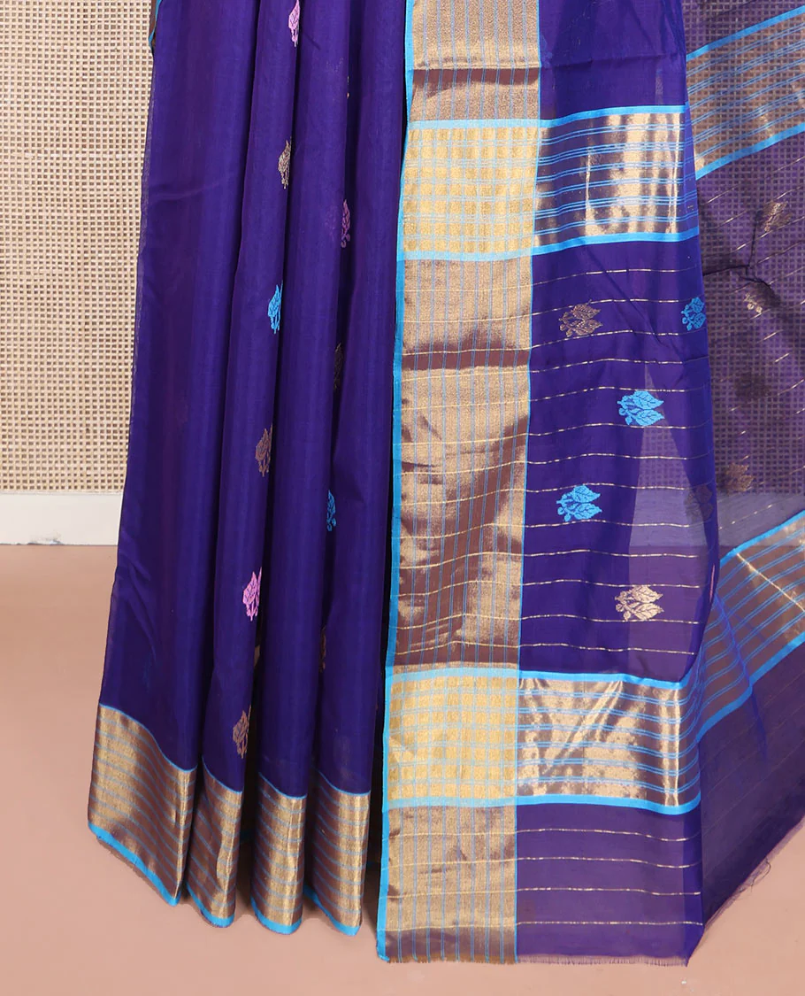 Blue Chanderi Cotton Saree, Enlivened with Leaf Buttas All Over Its Body, Complemented by a Contrast Zari Border, Pallu Steeped with Buttas and Stripes, and Paired with a Matching Blouse - Image 3