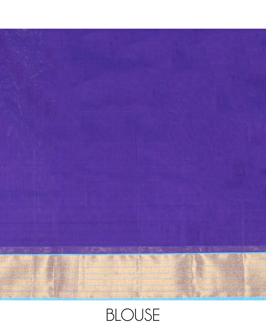 Blue Chanderi Cotton Saree, Enlivened with Leaf Buttas All Over Its Body, Complemented by a Contrast Zari Border, Pallu Steeped with Buttas and Stripes, and Paired with a Matching Blouse - Image 4