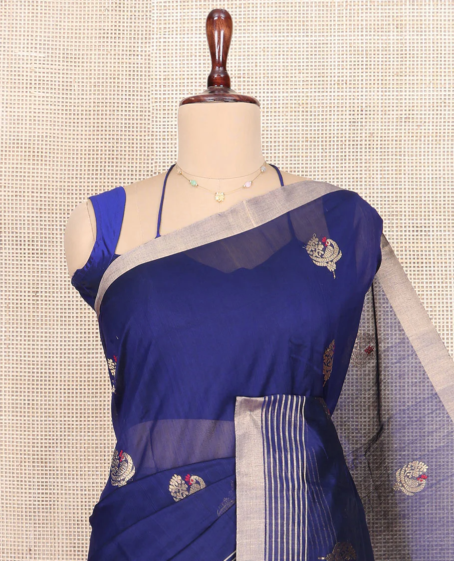 Blue Chanderi Cotton Saree, Enthralled with Peacock Buttas All Over Its Body, Highlighted by a Self-Border, Pallu Steeped with Zari Stripes, and Paired with a Matching Blouse - Image 2