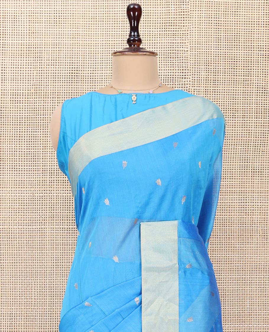Blue Chanderi Cotton Saree, Subtly Sparkled with Buttas All Over Its Body, Subtly Woven Bavanji Border, Complemented by a Contrast Pallu Steeped with Floral Designs, and Paired with a Contrast Blouse - Image 2
