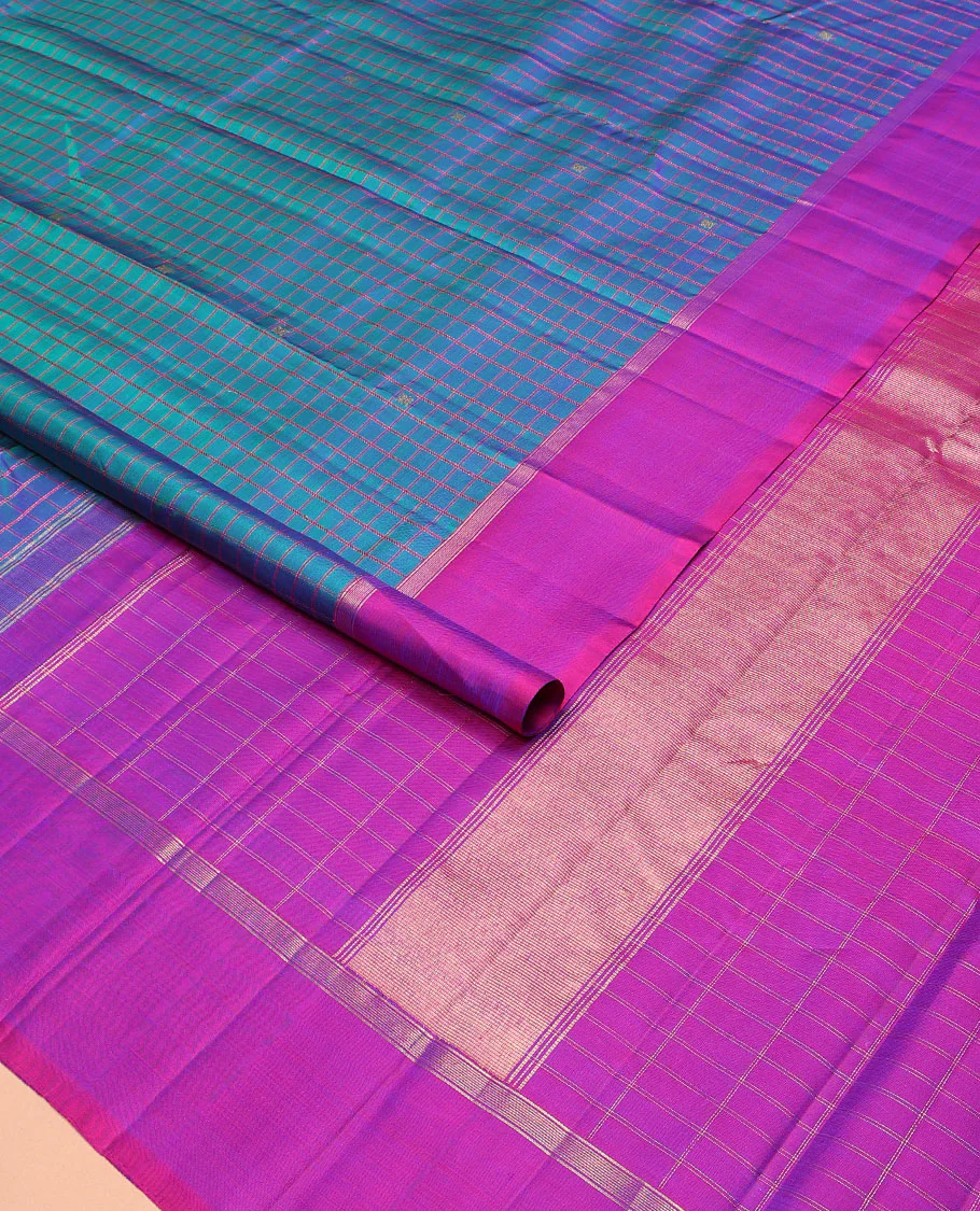 Blue checked and zari buttas Kanchipuram silk saree, contrast kal erangina border, and zari design pallu - Image 2