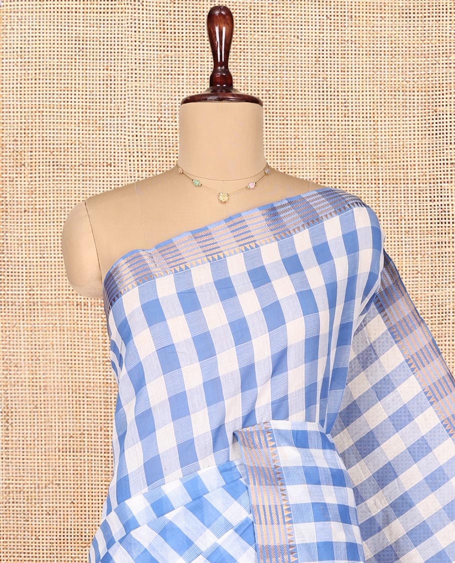 Blue Checked Mangalgiri Cotton Saree, Highlighted by Zari Temple Border, Zari-Striped Pallu, and Paired with a Matching Blouse - Image 2