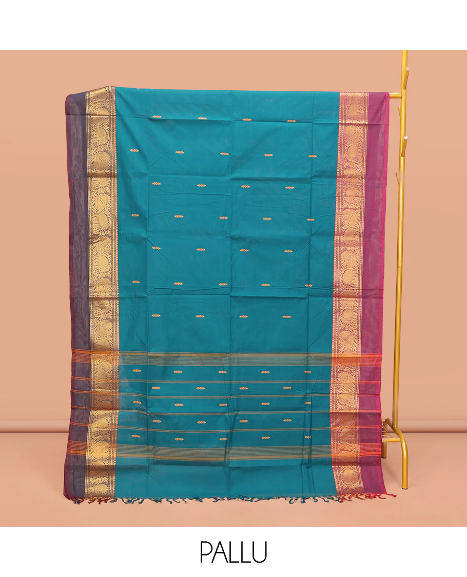 Blue Chettinad Cotton Saree, Adorned with Buttas All Over Its Body, Complemented by a Contrast Ganga-Jamuna Kal Eragina Border of Kodi Peacock and Elephant Designs, Pallu of Buttas and Stripes, and Paired with a Matching Blouse - Image 3