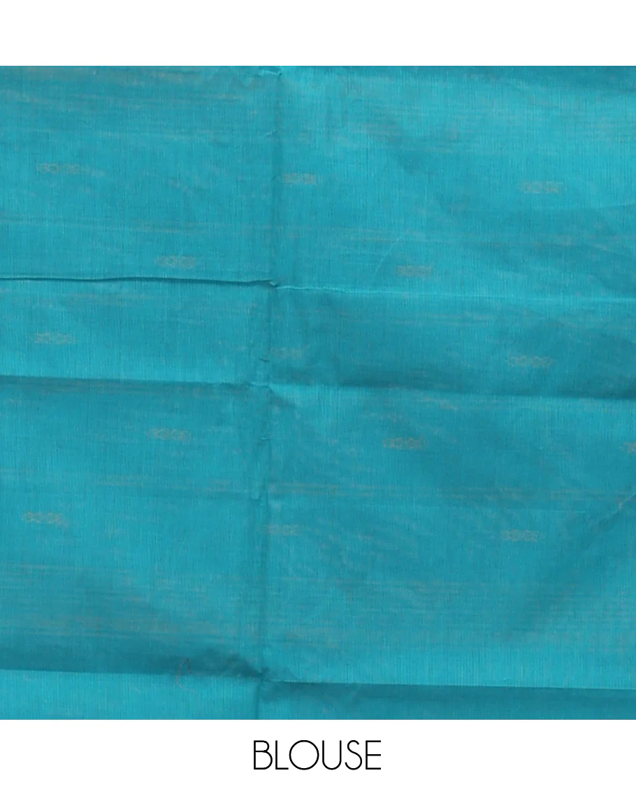 Blue Chettinad Cotton Saree, Adorned with Buttas All Over Its Body, Complemented by a Contrast Ganga-Jamuna Kal Eragina Border of Kodi Peacock and Elephant Designs, Pallu of Buttas and Stripes, and Paired with a Matching Blouse - Image 4