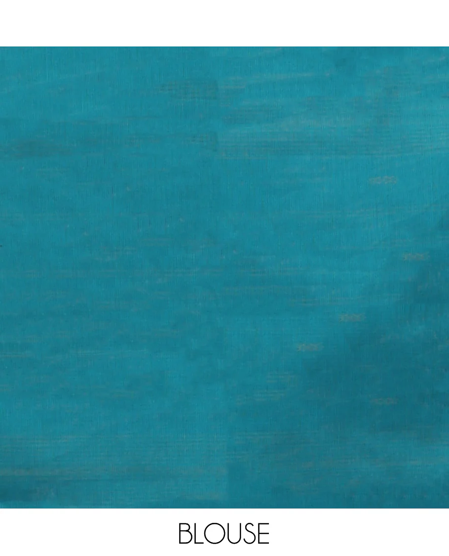 Blue Chettinad Cotton Saree, Bedecked with Thread Buttas All Over Its Body, Complemented by a Contrast Ganga-Jamuna Kal Eragina Border of Kodi Peacock and Elephant Designs, Pallu of Buttas and Stripes, and Paired with a Matching Blouse - Image 4