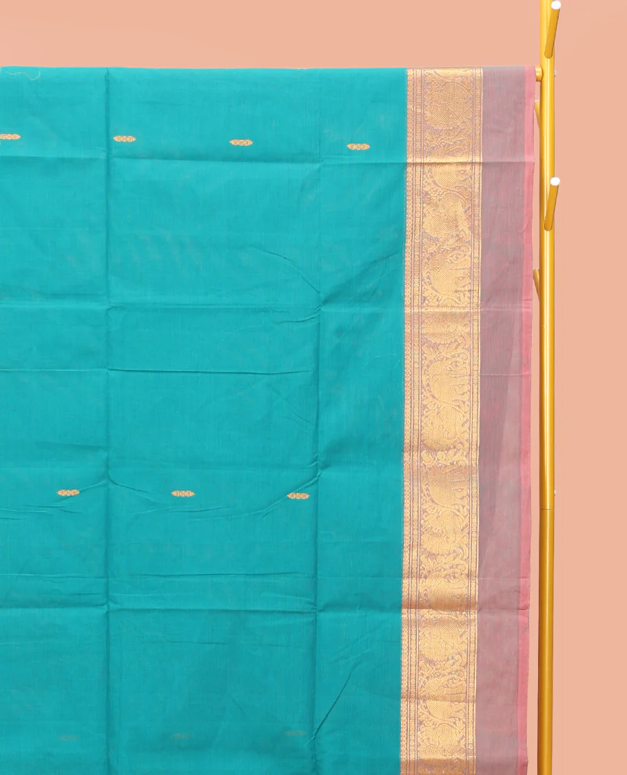 Blue Chettinad Cotton Saree, Bedecked with Thread Buttas All Over Its Body, Complemented by a Contrast Kal Eragina Border of Kodi Peacock and Elephant Designs, Pallu of Buttas and Stripes, and Paired with a Matching Blouse - Image 2