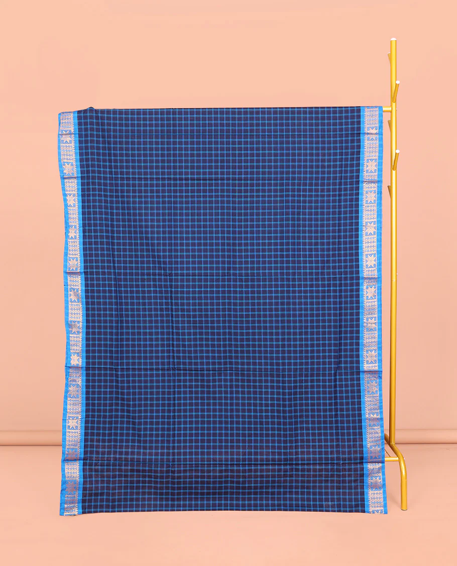 Blue Chettinad Cotton Saree, Finely Crafted with Checks, Contrast Traditional Design Border, Striped Pallu, and No Blouse