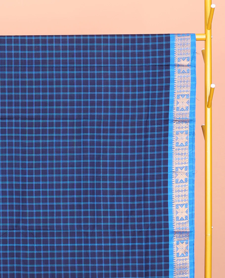 Blue Chettinad Cotton Saree, Finely Crafted with Checks, Contrast Traditional Design Border, Striped Pallu, and No Blouse - Image 2