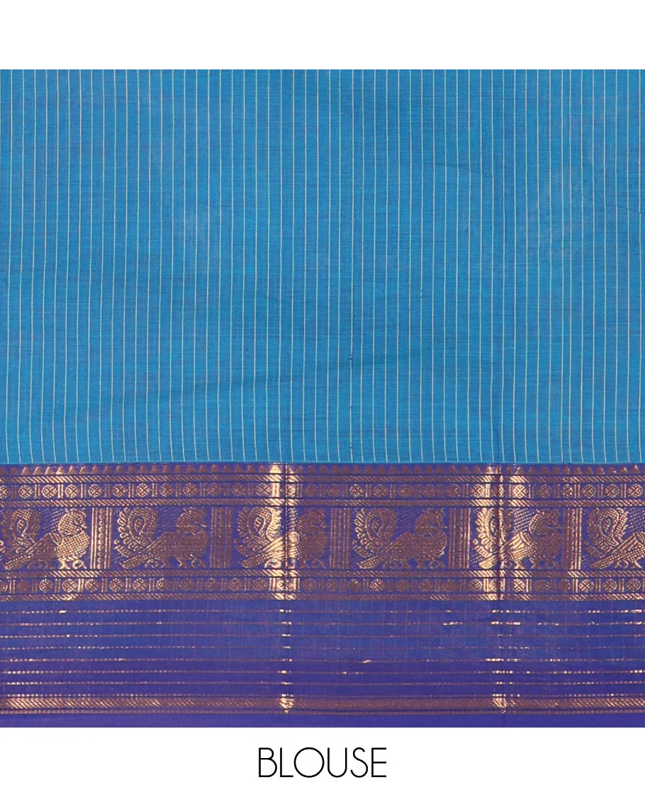 Blue Chettinad Cotton Saree, Sparkled with Vertical Stripes on Its Body, Complemented by a Contrast Traditional Zari Border of Peacock Designs, Subtly Striped Pallu, and Paired with a Matching Blouse - Image 3