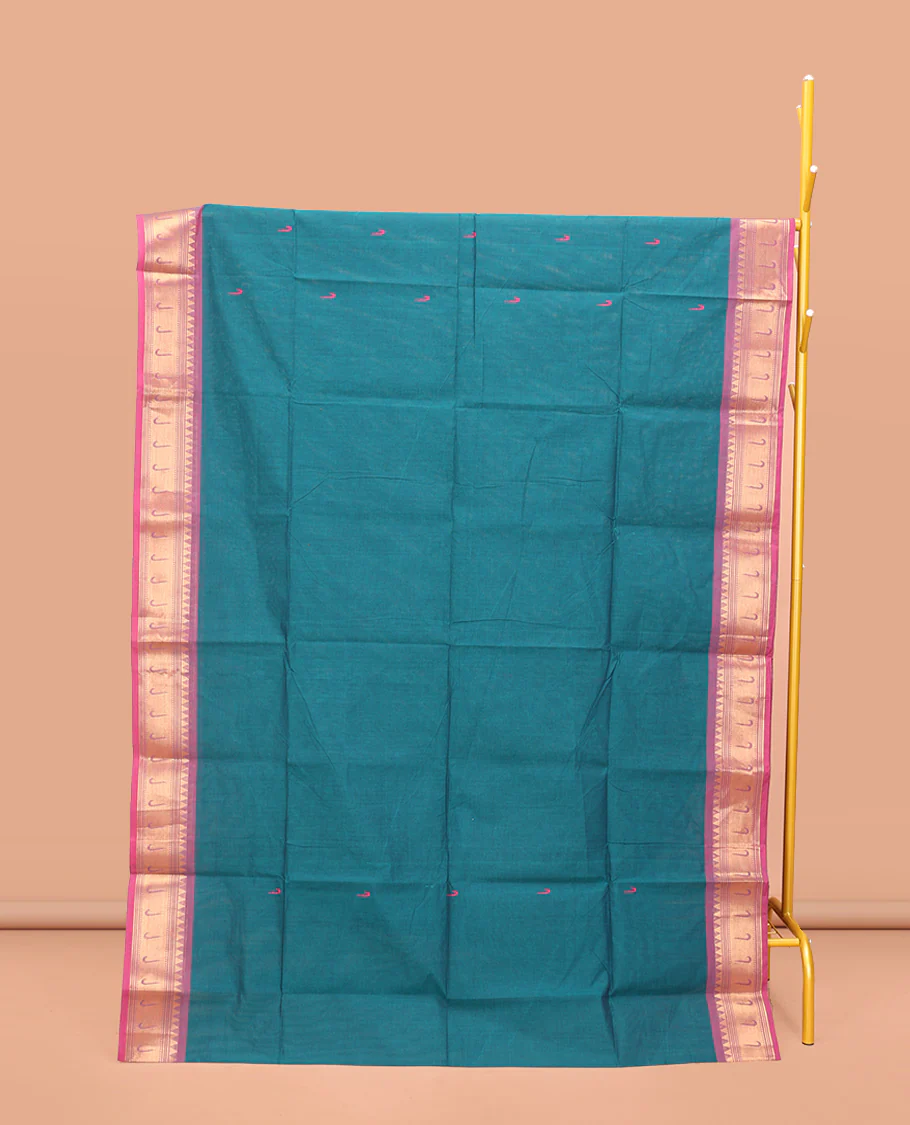 Blue Chettinad Cotton Saree, Steeped with Muniya Buttas on Its Body, Complemented by a Contrast Traditional Muniya Border, Pallu of Stripes, and Paired with a Matching Blouse