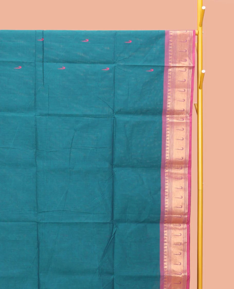 Blue Chettinad Cotton Saree, Steeped with Muniya Buttas on Its Body, Complemented by a Contrast Traditional Muniya Border, Pallu of Stripes, and Paired with a Matching Blouse - Image 2