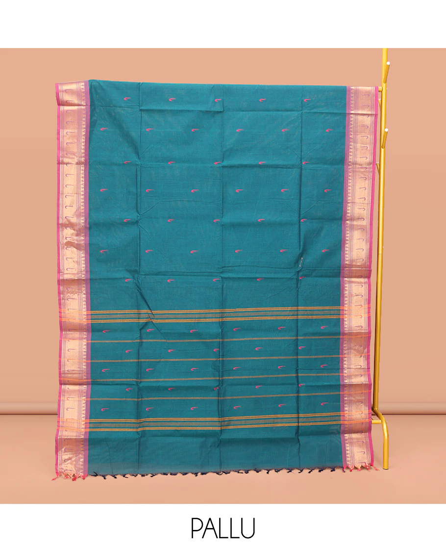 Blue Chettinad Cotton Saree, Steeped with Muniya Buttas on Its Body, Complemented by a Contrast Traditional Muniya Border, Pallu of Stripes, and Paired with a Matching Blouse - Image 3