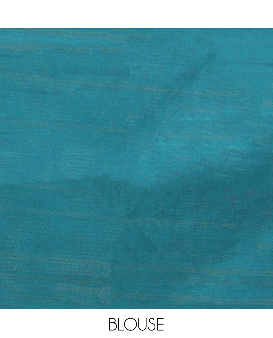 Blue Chettinad Cotton Saree, Steeped with Muniya Buttas on Its Body, Complemented by a Contrast Traditional Muniya Border, Pallu of Stripes, and Paired with a Matching Blouse - Image 4