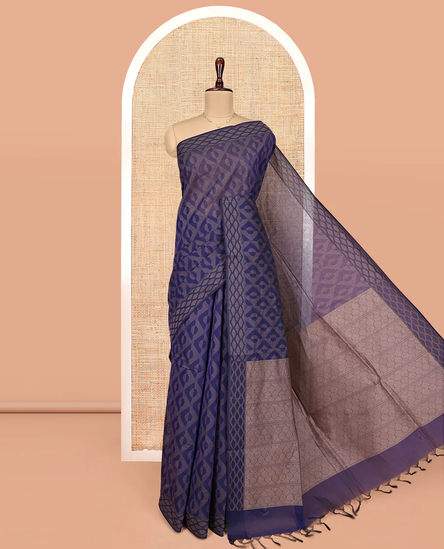 Blue Coimbatore Cotton Saree, Elevated with Geometric Design on Its Body, a Subtle Diamond Border, Pallu of Ogee Patterns, and Paired with Matching Blouse