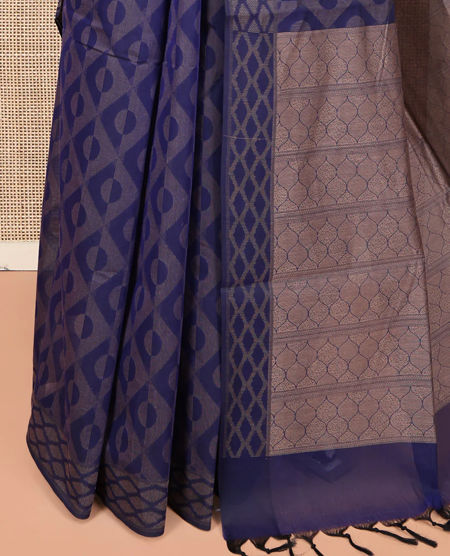 Blue Coimbatore Cotton Saree, Elevated with Geometric Design on Its Body, a Subtle Diamond Border, Pallu of Ogee Patterns, and Paired with Matching Blouse - Image 3