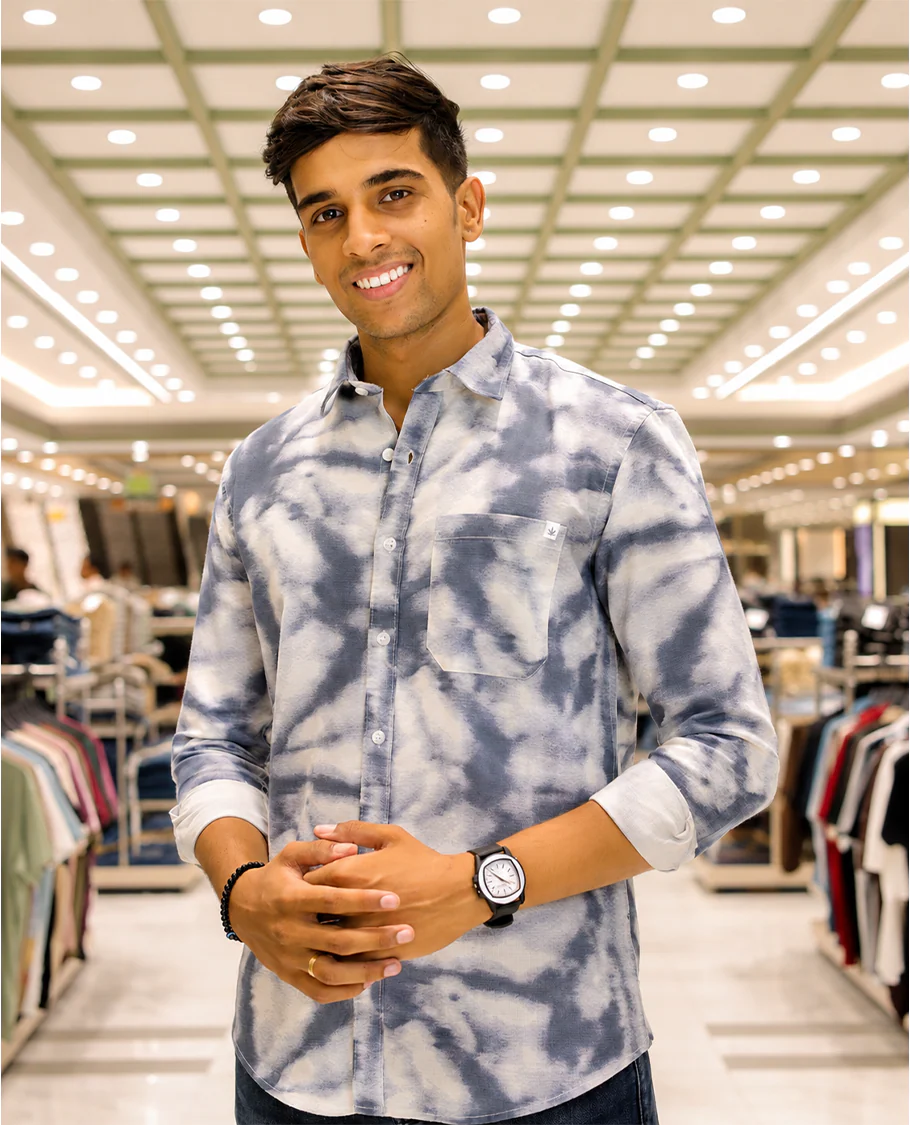 Blue Cotton-Blended Acid-Washed Casual Shirt, Uniquely Featuring Abstract-Style Design, Comes with a Spread Collar, Full Sleeves, Slim Fit, and Regular Length - Image 2