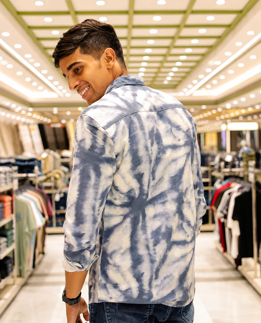 Blue Cotton-Blended Acid-Washed Casual Shirt, Uniquely Featuring Abstract-Style Design, Comes with a Spread Collar, Full Sleeves, Slim Fit, and Regular Length - Image 3