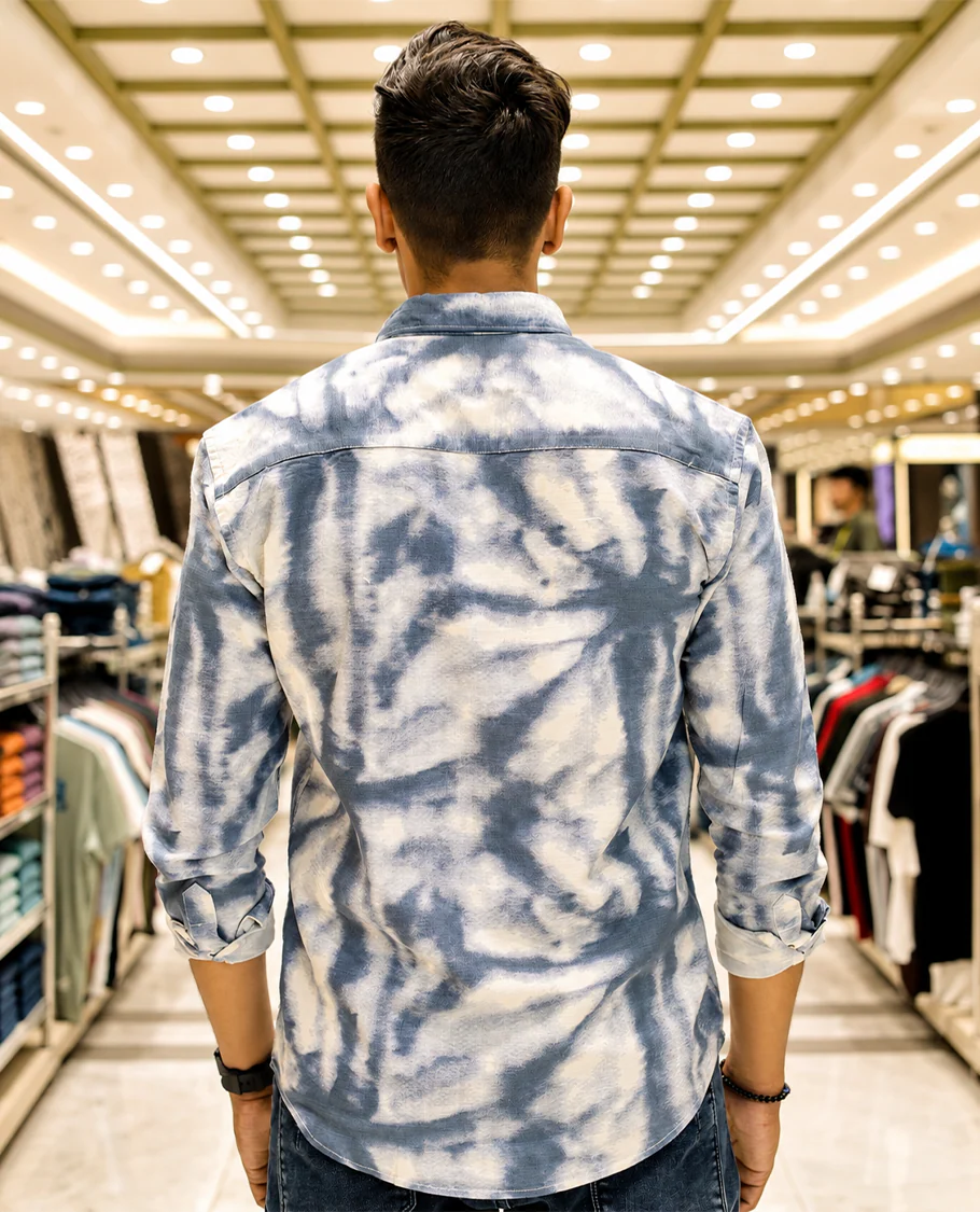 Blue Cotton-Blended Acid-Washed Casual Shirt, Uniquely Featuring Abstract-Style Design, Comes with a Spread Collar, Full Sleeves, Slim Fit, and Regular Length - Image 4