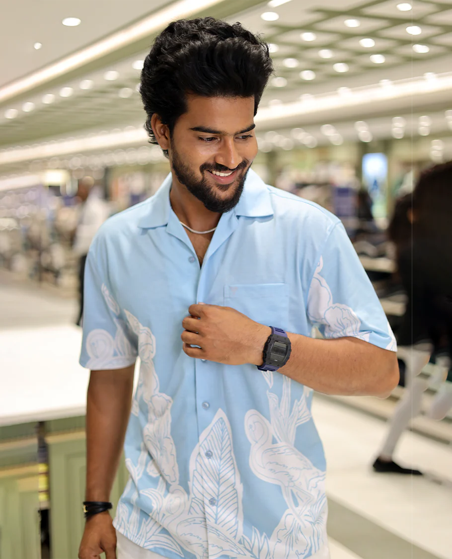 Blue Cotton-Blended Casual Shirt, Adorned with a Floral-Swan Print, Half-Sleeves, Spread Collar, Regular Fit, and Regular Length - Image 2