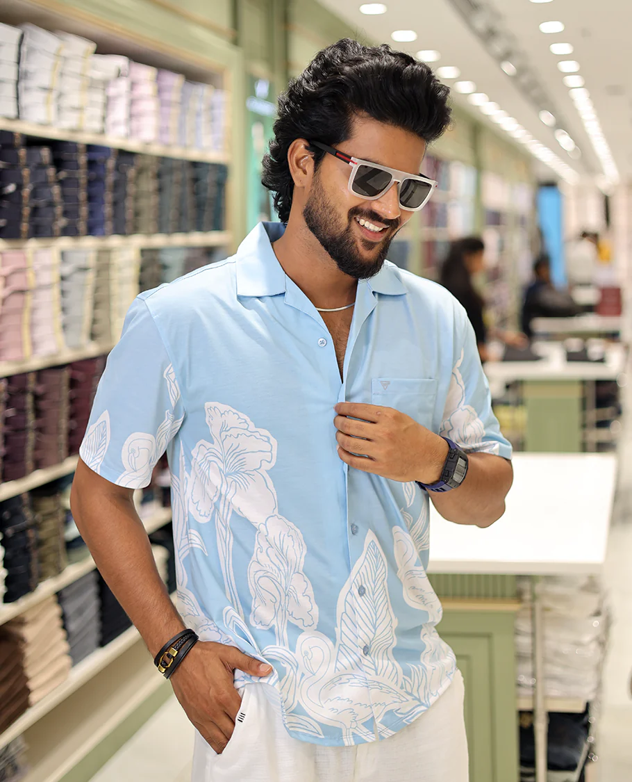Blue Cotton-Blended Casual Shirt, Adorned with a Floral-Swan Print, Half-Sleeves, Spread Collar, Regular Fit, and Regular Length - Image 3