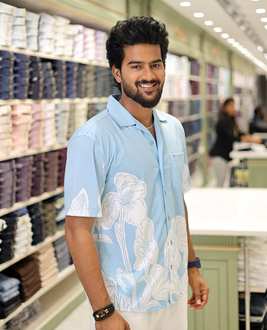 Blue Cotton-Blended Casual Shirt, Adorned with a Floral-Swan Print, Half-Sleeves, Spread Collar, Regular Fit, and Regular Length - Image 4