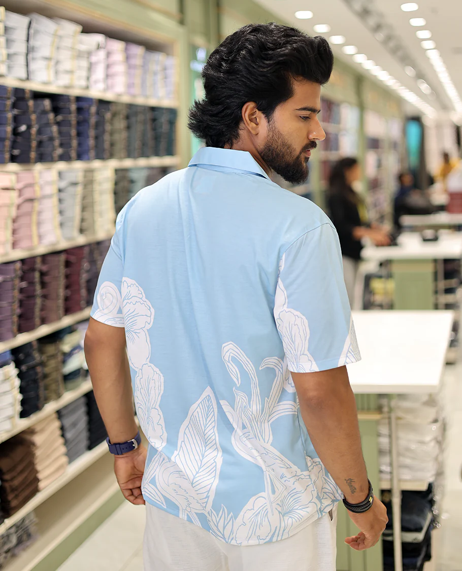 Blue Cotton-Blended Casual Shirt, Adorned with a Floral-Swan Print, Half-Sleeves, Spread Collar, Regular Fit, and Regular Length - Image 5