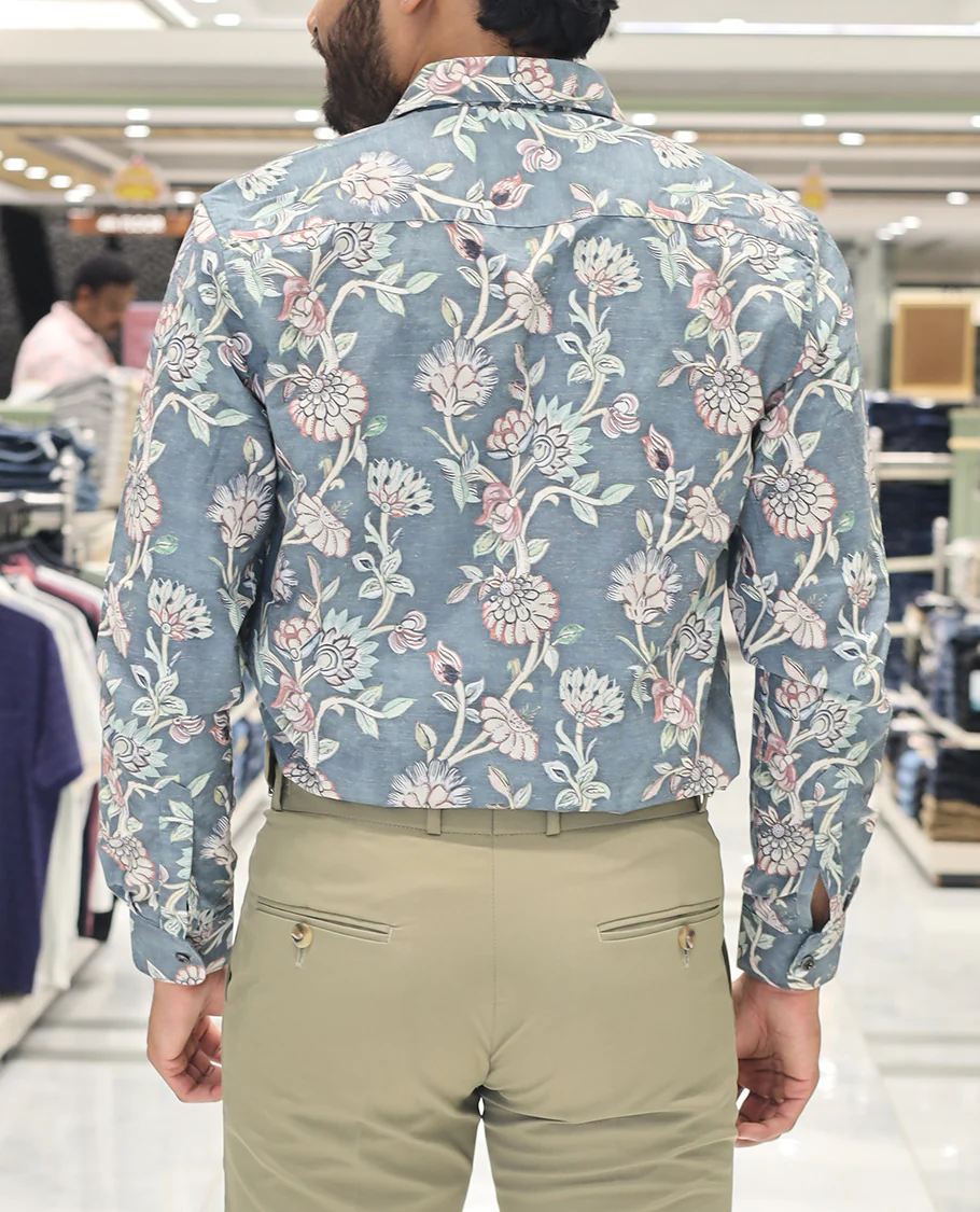 Blue Cotton Blended Casual Shirt, Artfully Designed with Floral Vine Print, Comes with a Spread Collar, Full Sleeves, Slim Fit, and Regular Length - Image 4