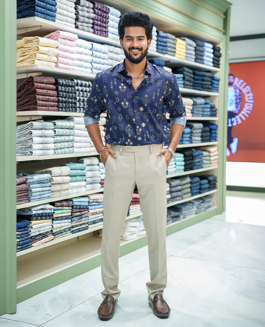 Blue Cotton Blended Casual Shirt, Artfully Detailed with Floral and Diamond Patterns Prints, Featuring a Spread Collar, Full Sleeves, Slim Fit, and Regular Length - Image 2