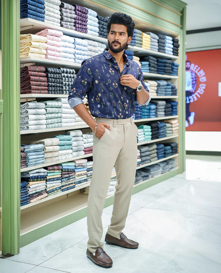 Blue Cotton Blended Casual Shirt, Artfully Detailed with Floral and Diamond Patterns Prints, Featuring a Spread Collar, Full Sleeves, Slim Fit, and Regular Length - Image 3