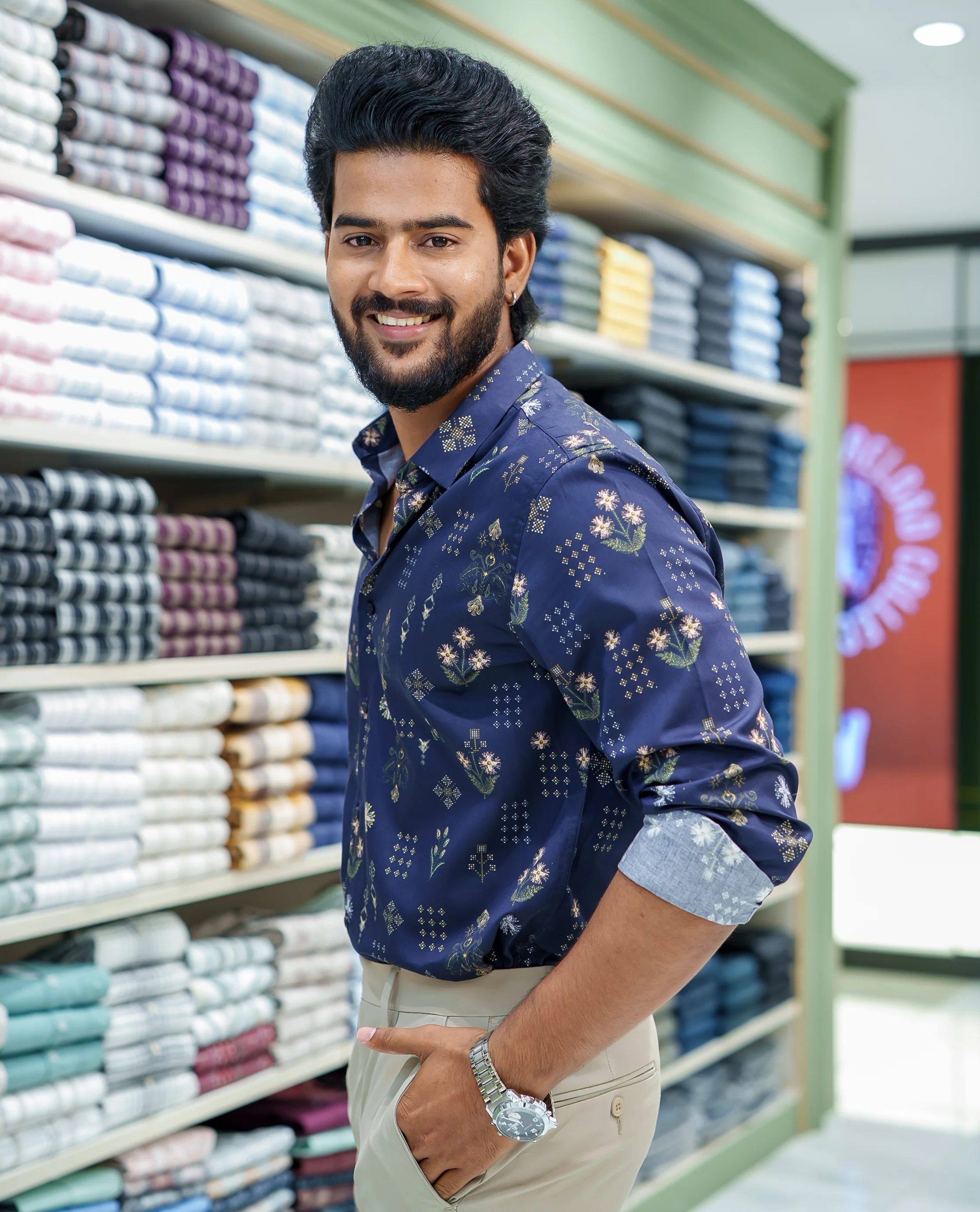 Blue Cotton Blended Casual Shirt, Artfully Detailed with Floral and Diamond Patterns Prints, Featuring a Spread Collar, Full Sleeves, Slim Fit, and Regular Length - Image 4
