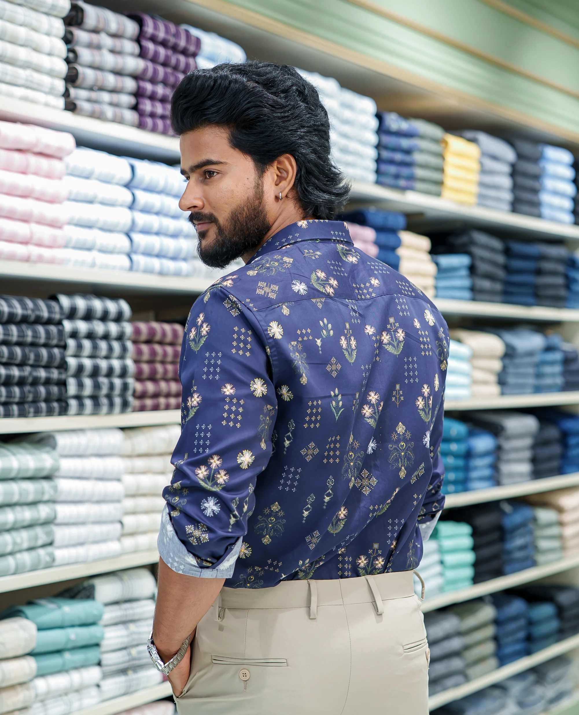 Blue Cotton Blended Casual Shirt, Artfully Detailed with Floral and Diamond Patterns Prints, Featuring a Spread Collar, Full Sleeves, Slim Fit, and Regular Length - Image 5