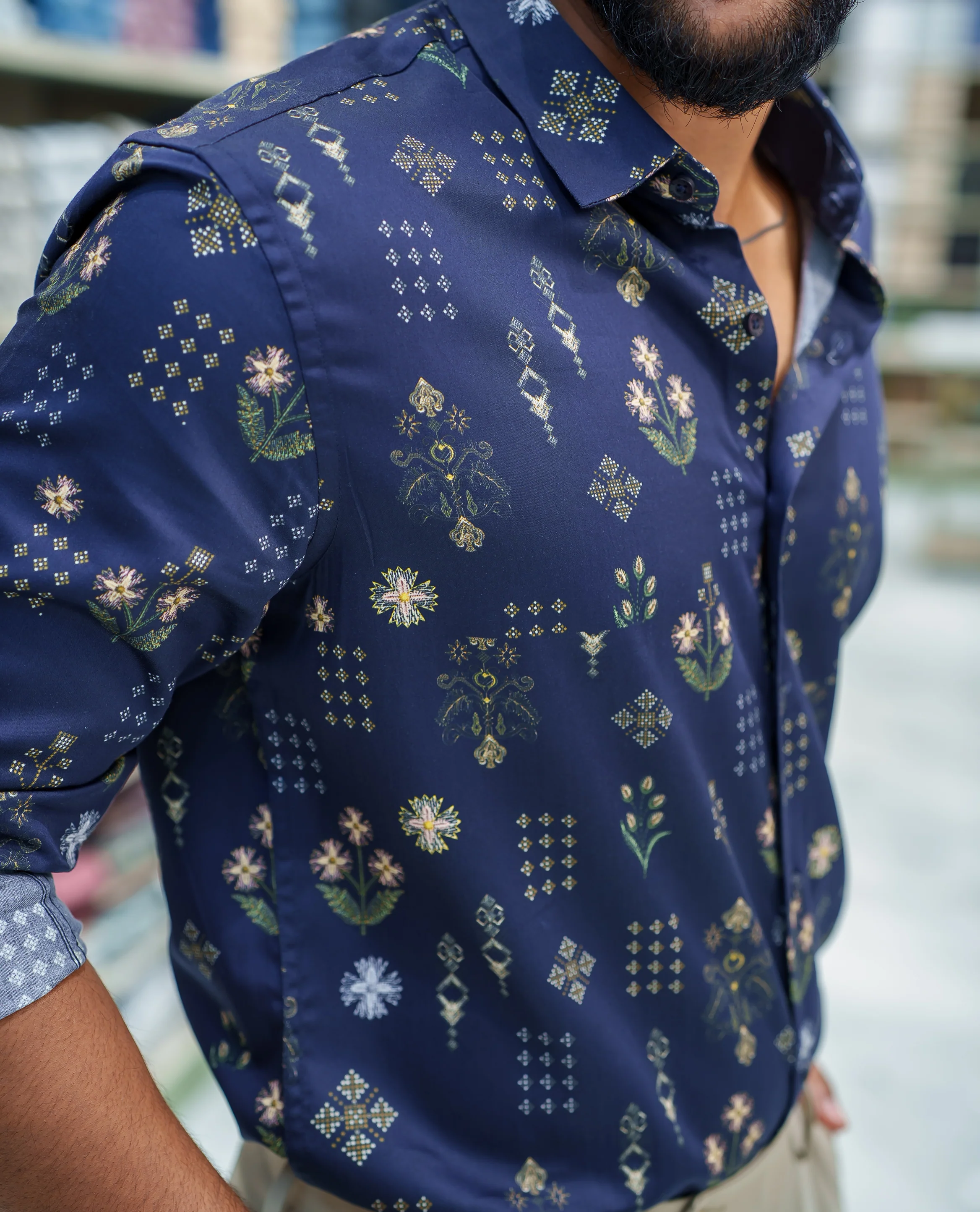 Blue Cotton Blended Casual Shirt, Artfully Detailed with Floral and Diamond Patterns Prints, Featuring a Spread Collar, Full Sleeves, Slim Fit, and Regular Length - Image 6