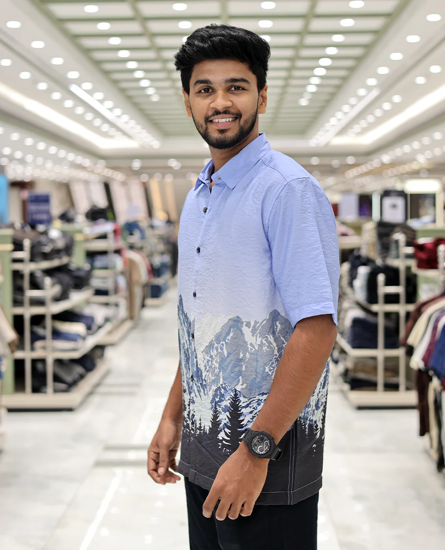 Blue Cotton-Blended Casual Shirt, Artfully Printed with Himalayan-Themed Snowfall Print, a Half-Sleeve, a Spread Collar, a Boxy Fit, and Regular Length - Image 2