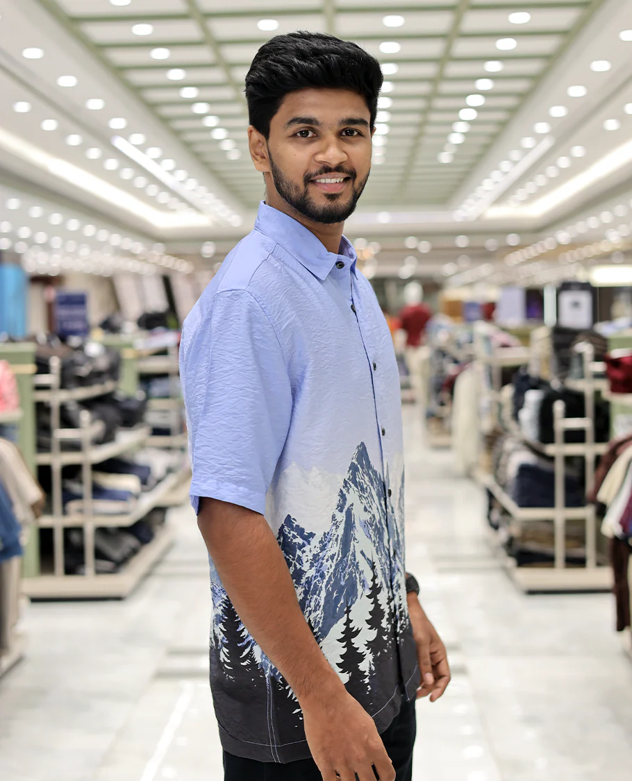 Blue Cotton-Blended Casual Shirt, Artfully Printed with Himalayan-Themed Snowfall Print, a Half-Sleeve, a Spread Collar, a Boxy Fit, and Regular Length - Image 3