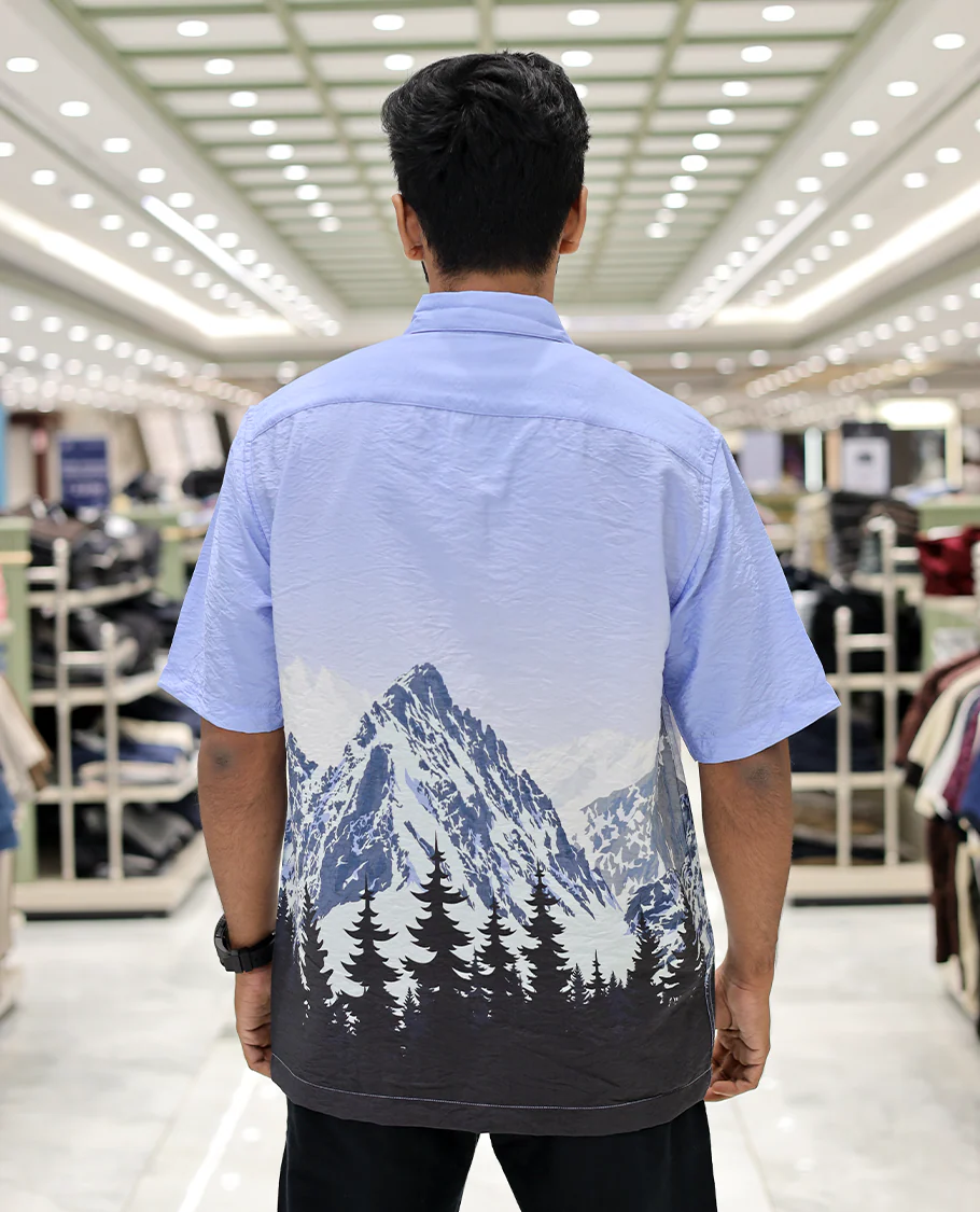 Blue Cotton-Blended Casual Shirt, Artfully Printed with Himalayan-Themed Snowfall Print, a Half-Sleeve, a Spread Collar, a Boxy Fit, and Regular Length - Image 4