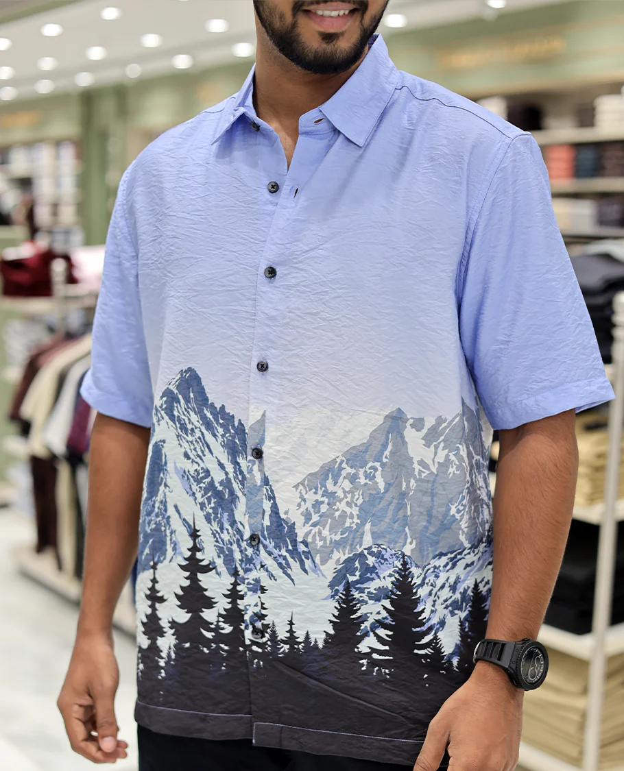 Blue Cotton-Blended Casual Shirt, Artfully Printed with Himalayan-Themed Snowfall Print, a Half-Sleeve, a Spread Collar, a Boxy Fit, and Regular Length - Image 5