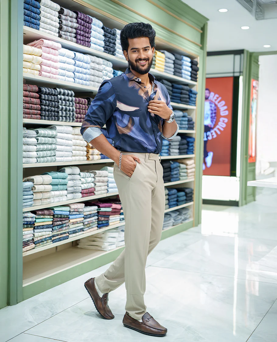 Blue Cotton Blended Casual Shirt, Creatively Designed with Abstract Prints, Featuring a Spread Collar, Full Sleeves, Slim Fit, and Regular Length - Image 2