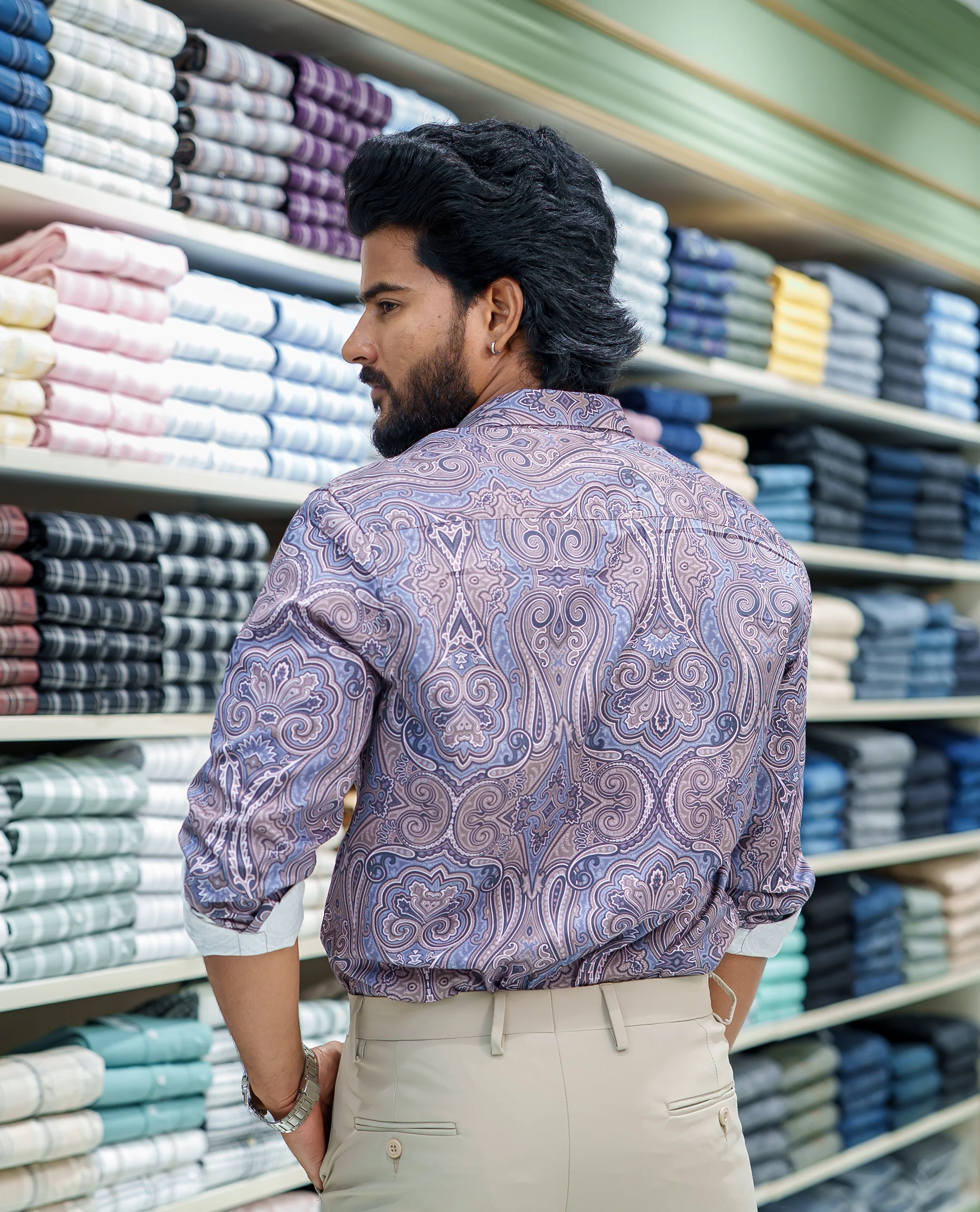 Blue Cotton Blended Casual Shirt, Meticulously Crafted with Mughal-Style Intricate Prints, Featuring a Spread Collar, Full Sleeves, Slim Fit, and Regular Length - Image 3